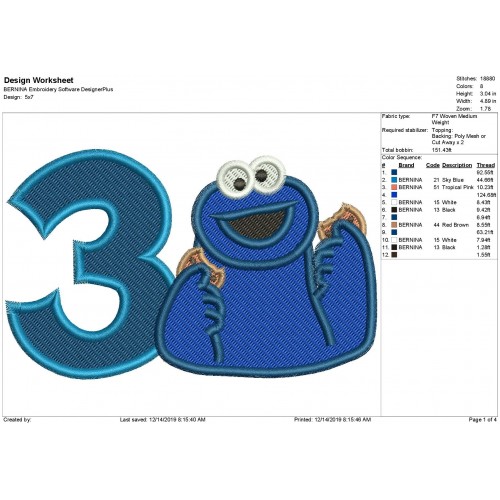 Cookie Monster Number 3 Fill Stitch Embroidery Design