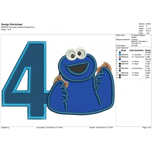 Cookie Monster Number 4 Fill Stitch Embroidery Design