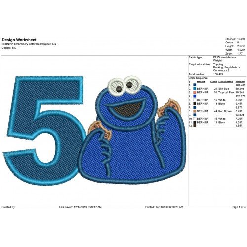 Cookie Monster Number 5 Fill Stitch Embroidery Design