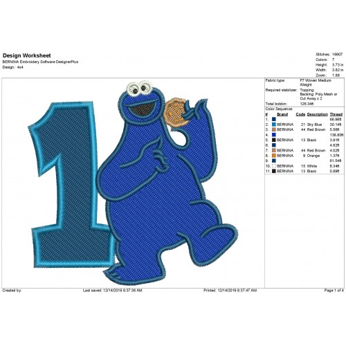 Cookie Monster Sesame Street Number 1 Fill Stitch Embroidery Design