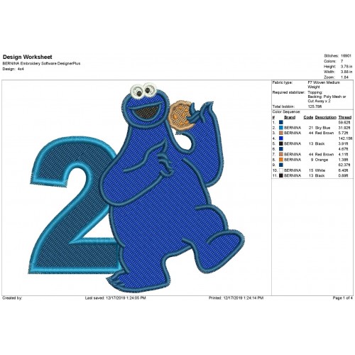 Cookie Monster Sesame Street Number 2 Fill Stitch Embroidery Design