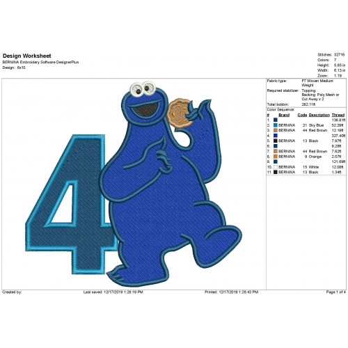 Cookie Monster Sesame Street Number 4 Fill Stitch Embroidery Design