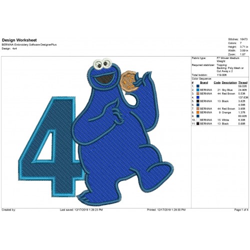 Cookie Monster Sesame Street Number 4 Fill Stitch Embroidery Design