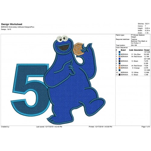 Cookie Monster Sesame Street Number 5 Fill Stitch Embroidery Design