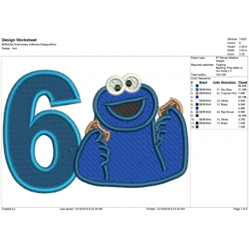 Cookie Monster Sesame Street Number 6 Fill Stitch Embroidery Design