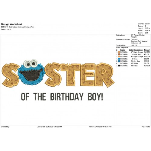 Cookie Monster Sister Birthday Embroidey Design