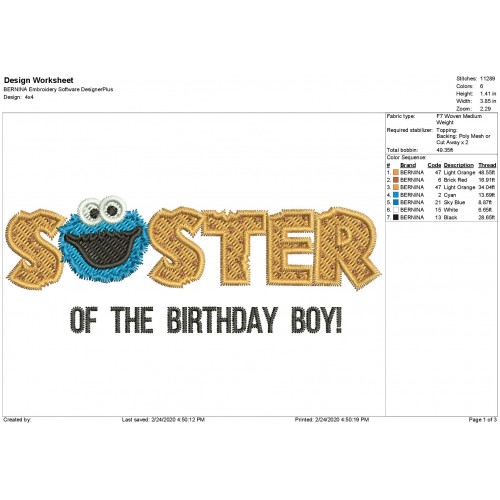 Cookie Monster Sister Birthday Embroidey Design