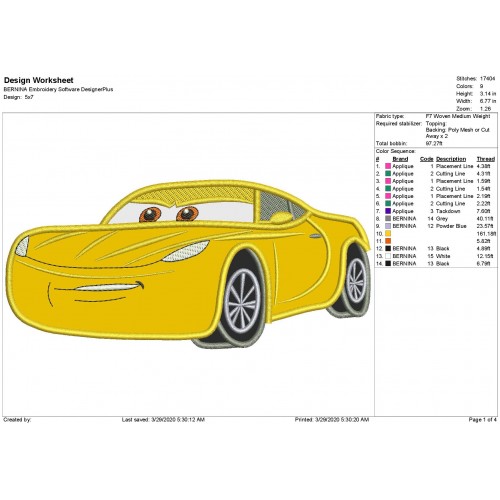 Cruz Ramirez Disney Cars 3 Applique Design