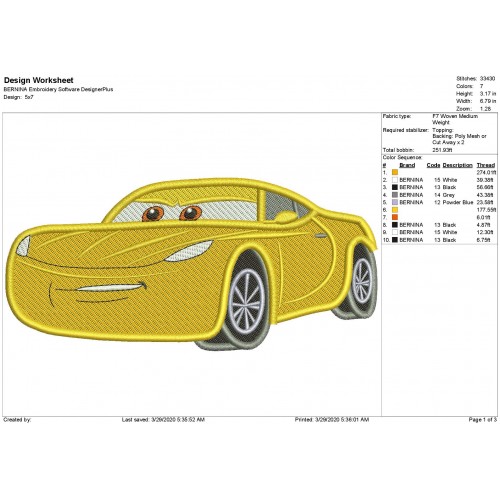 Cruz Ramirez Disney Cars 3 Embroidery Design