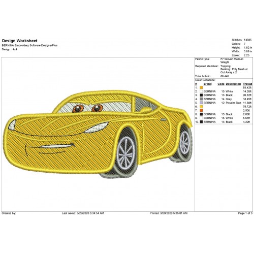 Cruz Ramirez Disney Cars 3 Embroidery Design