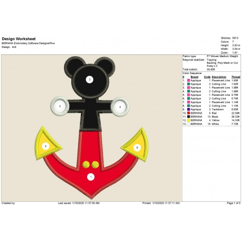 DCL Anchor Disney Cruise Mickey Mouse Applique Design