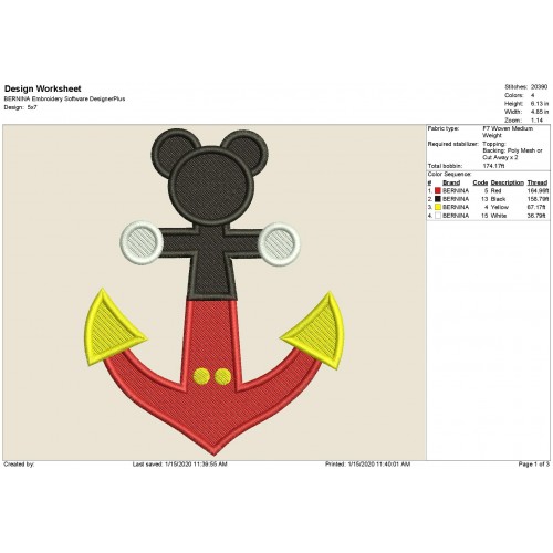 DCL Anchor Disney Cruise Mickey Mouse Fill Stitch Embroidery Design