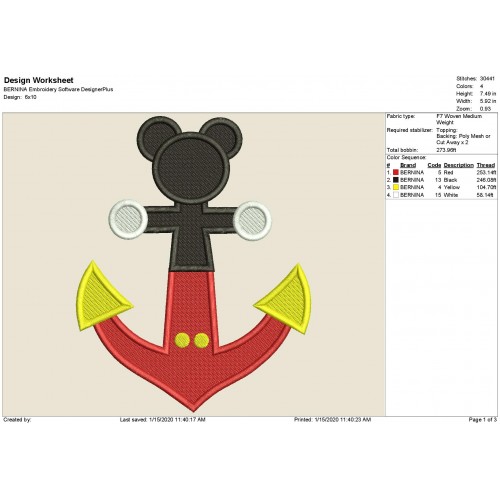 DCL Anchor Disney Cruise Mickey Mouse Fill Stitch Embroidery Design