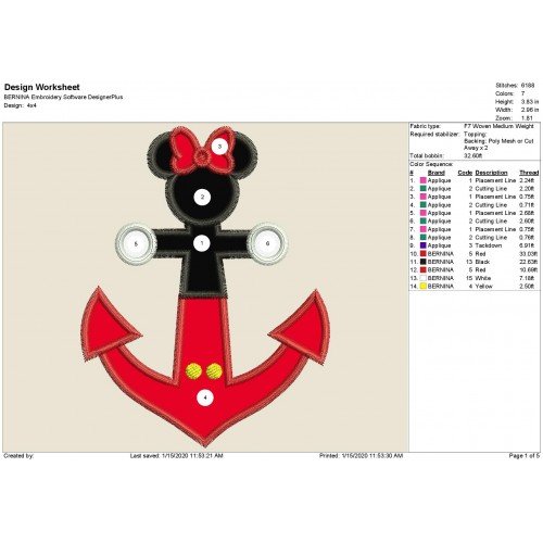 DCL Anchor Disney Cruise Minnie Mouse Applique Design