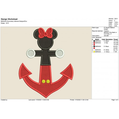 DCL Anchor Disney Cruise Minnie Mouse Fill Stitch Embroidery Design