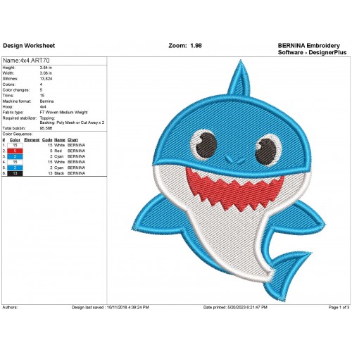 Daddy Shark Filled Stitch Embroidery Design