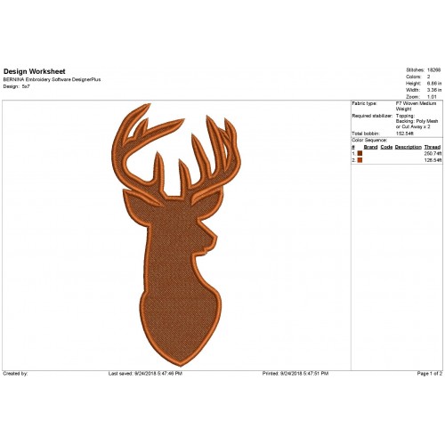 Deer Head Buck Silhouette Filled Embroidery Design