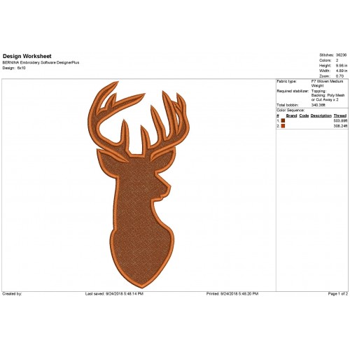 Deer Head Buck Silhouette Filled Embroidery Design