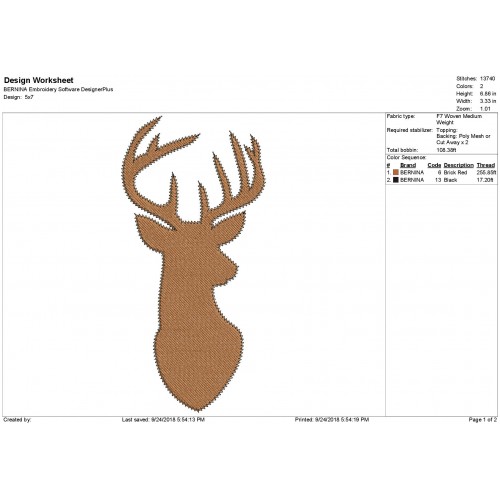 Deer Head Buck Silhouette Zig Zag Filled Embroidery Design