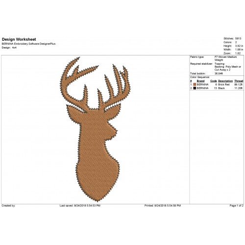 Deer Head Buck Silhouette Zig Zag Filled Embroidery Design