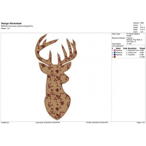 Deer Head Buck Silhouette Zig Zag Machine Applique Design