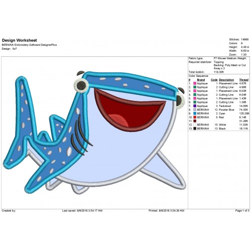 Destiny Shark Finding Dory Embroidery Applique Design