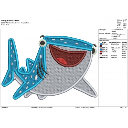 Destiny Shark Finding Dory Filled Embroidery Design