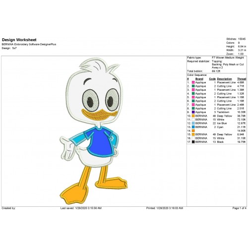 Dewey Duck Ducktales Applique Design