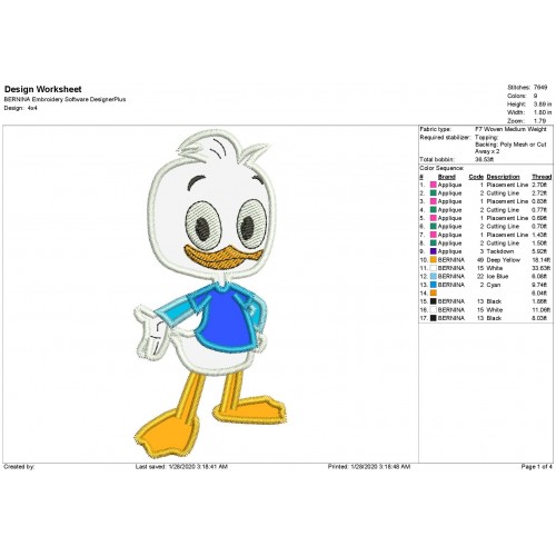 Dewey Duck Ducktales Applique Design