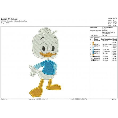 Dewey Duck Ducktales Filled Stitch Embroidery Design