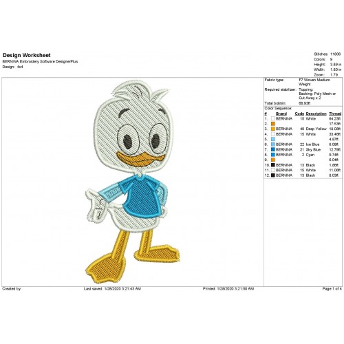 Dewey Duck Ducktales Filled Stitch Embroidery Design