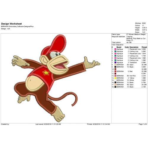 Diddy Kong Mario Monkey Applique Design