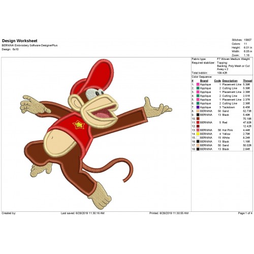 Diddy Kong Mario Monkey Applique Design