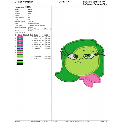 Disgust Inside Out Head Applique Design Embr