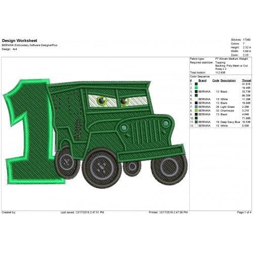 Disney Cars Sarge Race Number 1 Fill Embroidery Design