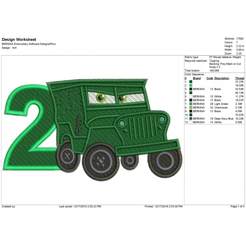 Disney Cars Sarge Race Number 2 Fill Embroidery Design