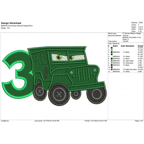 Disney Cars Sarge Race Number 3 Fill Embroidery Design