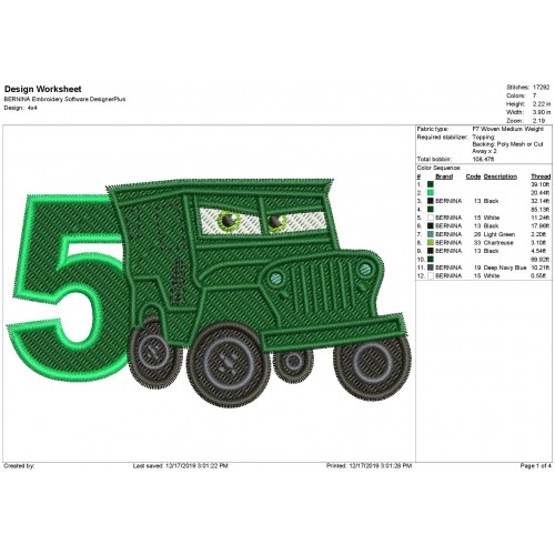 Disney Cars Sarge Race Number 5 Fill Embroidery Design