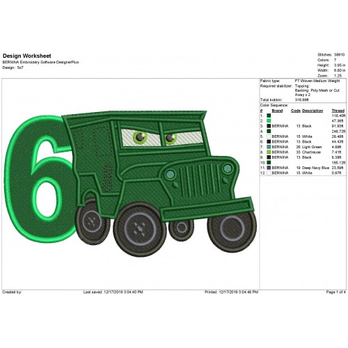 Disney Cars Sarge Race Number 6 Fill Embroidery Design