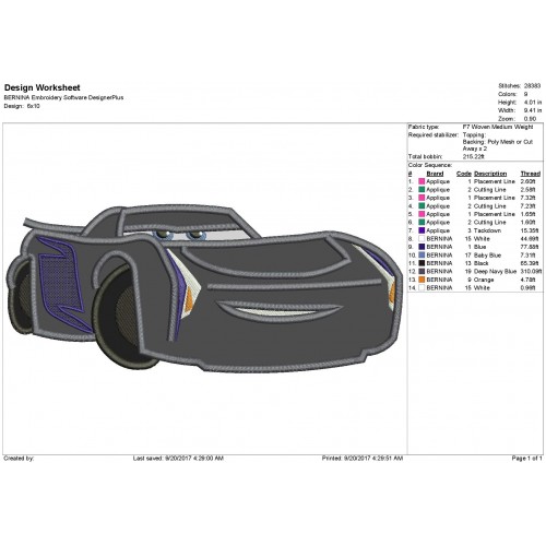 Disney Cars Storm Race Applique Design