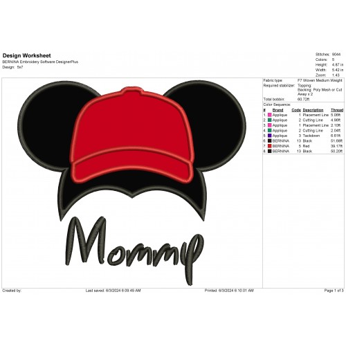 Disney Mickey - Mommy Ear Cap Applique Design