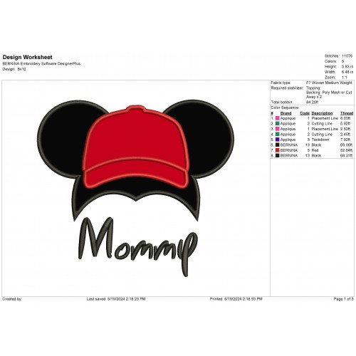 Disney Mickey - Mommy Ear Cap Applique Design