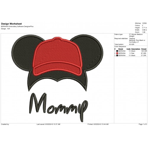 Disney Mickey - Mommy Ear Cap Embroidery Design