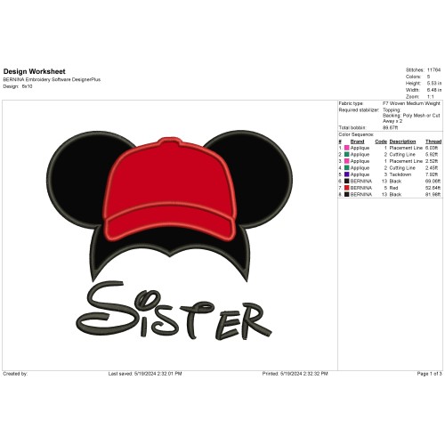 Disney Mickey - Sister Ears Cap Applique Design