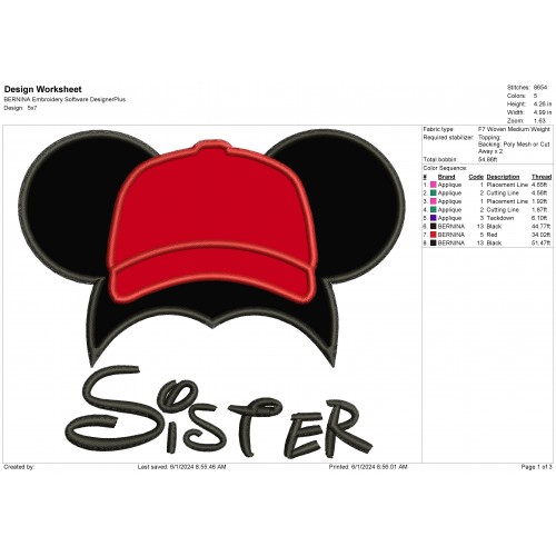 Disney Mickey - Sister Ears Cap Applique Design