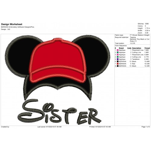 Disney Mickey - Sister Ears Cap Applique Design