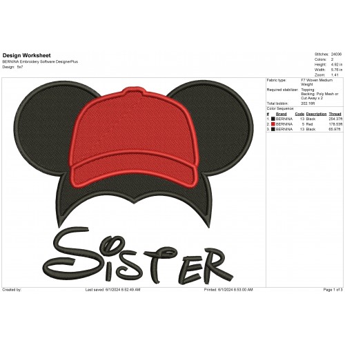 Disney Mickey - Sister Ears Cap Embroidery Design