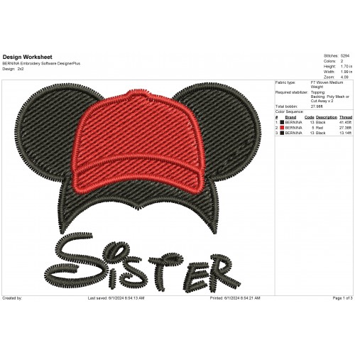 Disney Mickey - Sister Ears Cap Embroidery Design