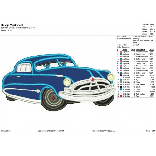 Doc Hudson Disney Cars Applique Design