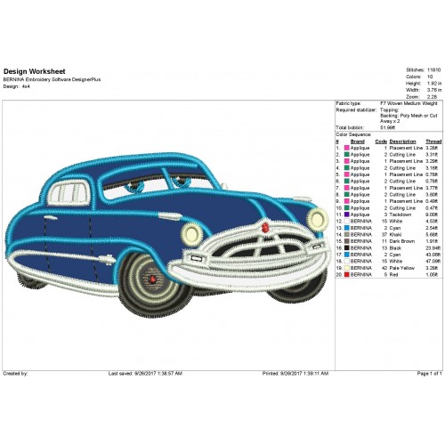 Doc Hudson Disney Cars Applique Design